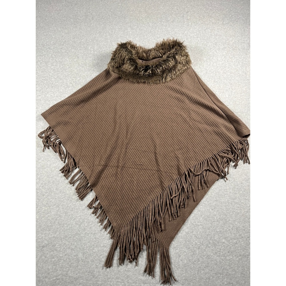 Ribbed Knit Poncho Womens OS Brown Faux Fur Trim Fringe 90s Minimalist Capsule